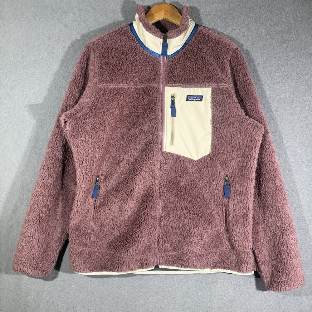 Patagonia Mauve Plush Fleece Jacket with Cream Chest Pocket and Blue Accents